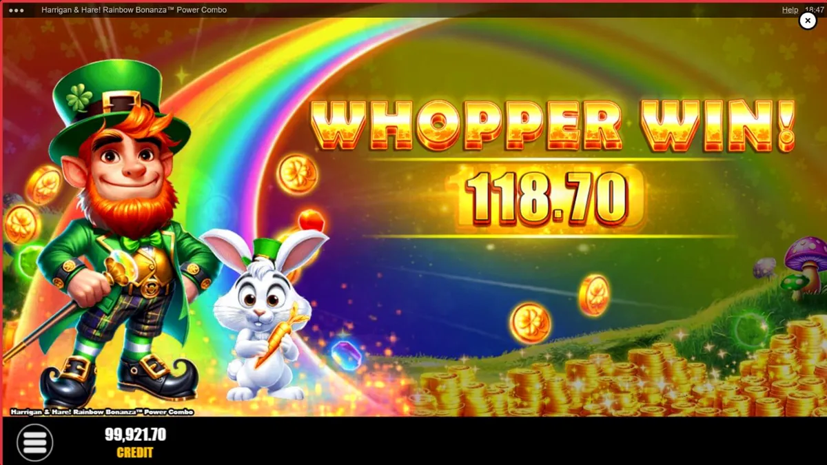 Tampilan visual slot Harrigan & Hare Rainbow Bonanza Power Combo dengan latar belakang bukit Irlandia yang hijau.